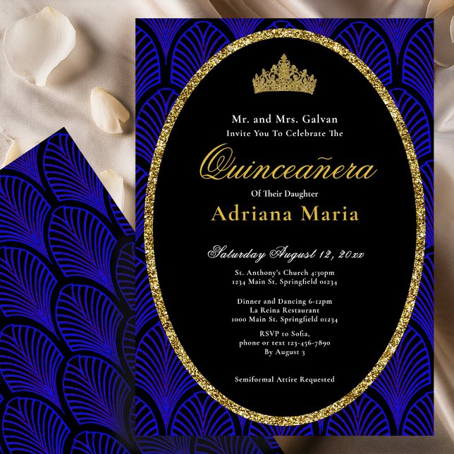 Elegant Quinceanera Invitation Gold Blue Art Deco (Creator Uploaded)