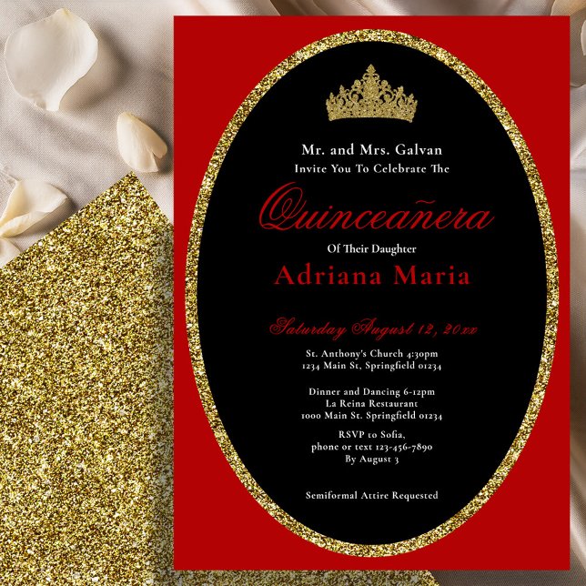 Elegant Quinceanera Invitation Gold Red Glitter (Creator Uploaded)