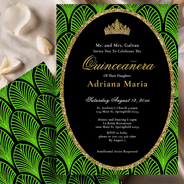 Elegant Quinceanera Invitation Green Art Deco (Creator Uploaded)