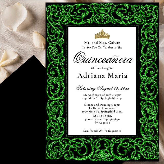 Elegant Quinceanera Invitation Green Scrollwork (Creator Uploaded)
