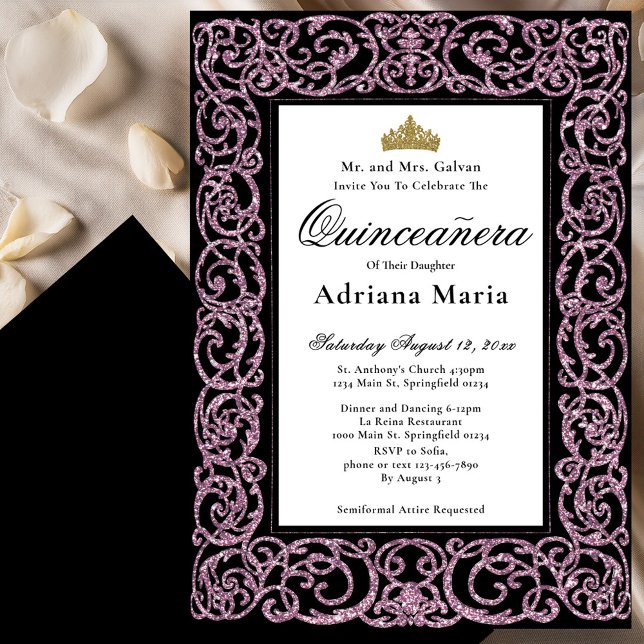 Elegant Quinceanera Invitation Pink Scrollwork (Creator Uploaded)