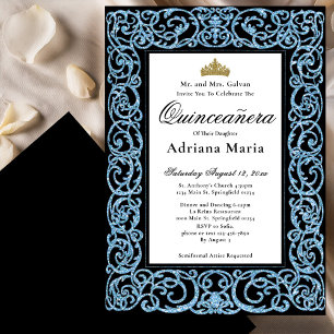 Elegant Quinceanera Invitation Sky Blue Scrollwork