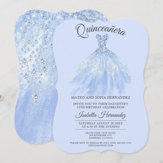 Elegant Quinceanera Mis Quince Blue Violet Glitter Invitation (Front/Back)