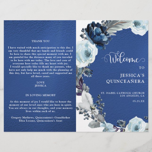 Elegant Quinceañera Navy and Royal Blue Program (Front)