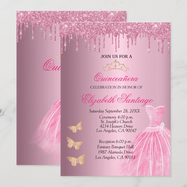 Elegant Quinceañera Pink and Gold Glitter Drips In Invitation (Front/Back)