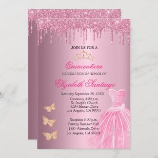 Elegant Quinceañera Pink and Gold Glitter Drips In Invitation