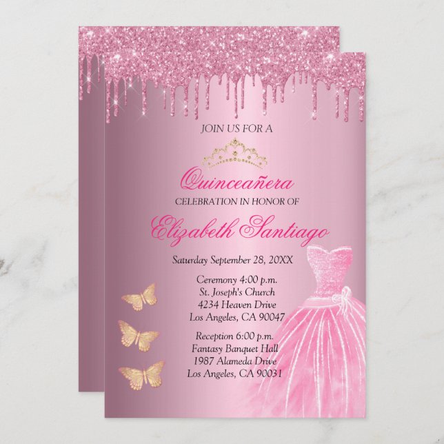 Elegant Quinceañera Pink and Gold Glitter Drips Invitation (Front/Back)