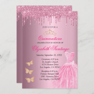 Elegant Quinceañera Pink and Gold Glitter Drips Invitation