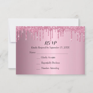 Elegant Quinceañera Pink and Gold Glitter Drips RSVP Card