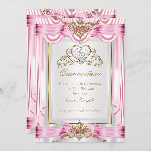 Elegant Quinceanera Pink Gold Silver White Invitation (Front/Back)