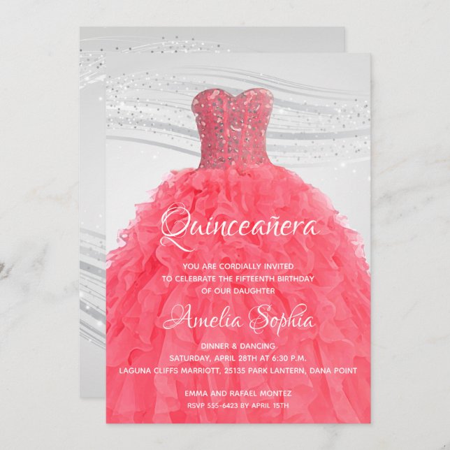 Elegant Quinceañera Pink Gown Invitations (Front/Back)