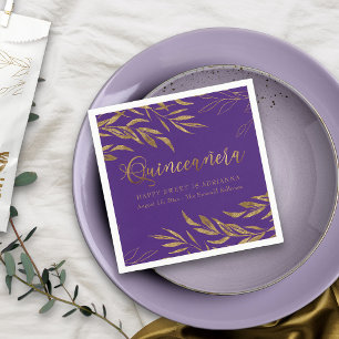 Elegant Quinceanera Purple and Gold Leaf Napkin