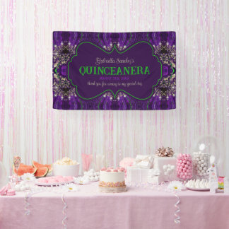 Elegant Quinceanera Purple Green Glitter Party Banner