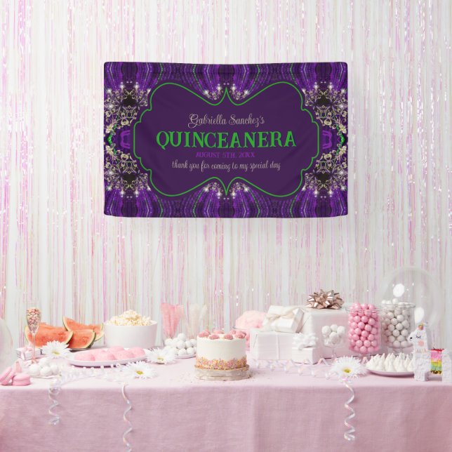 Elegant Quinceanera Purple Green Glitter Party Banner (Party)