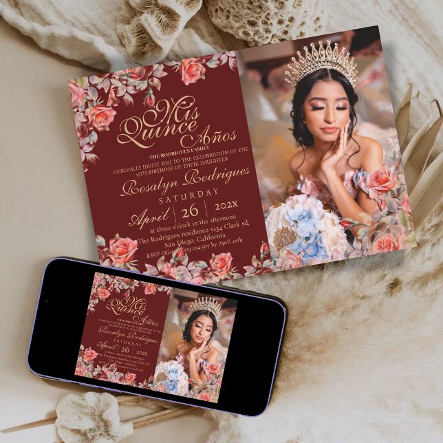 Elegant Quinceanera Red Gold Rose Photo Invitation (Creator Uploaded)