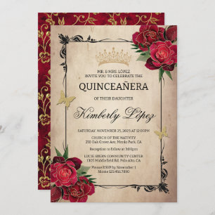 Elegant Quinceanera Red Rose Gold Foil Invitation