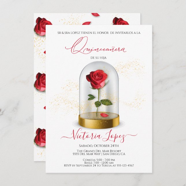 Elegant Quinceañera Red Rose in Spanish Invitation (Front/Back)