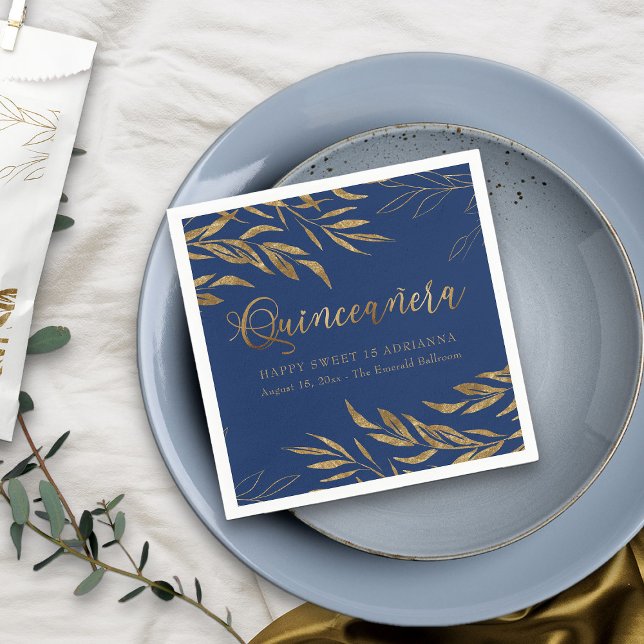 Elegant Quinceanera Royal Blue and Gold Leaf Napkin (Royal Blue Quinceanera Napkin from my Gold Leaf Quinceanera Collection)