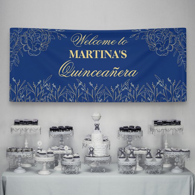 Elegant Quinceanera Royal Blue Gold Floral Welcome Banner (Creator Uploaded)