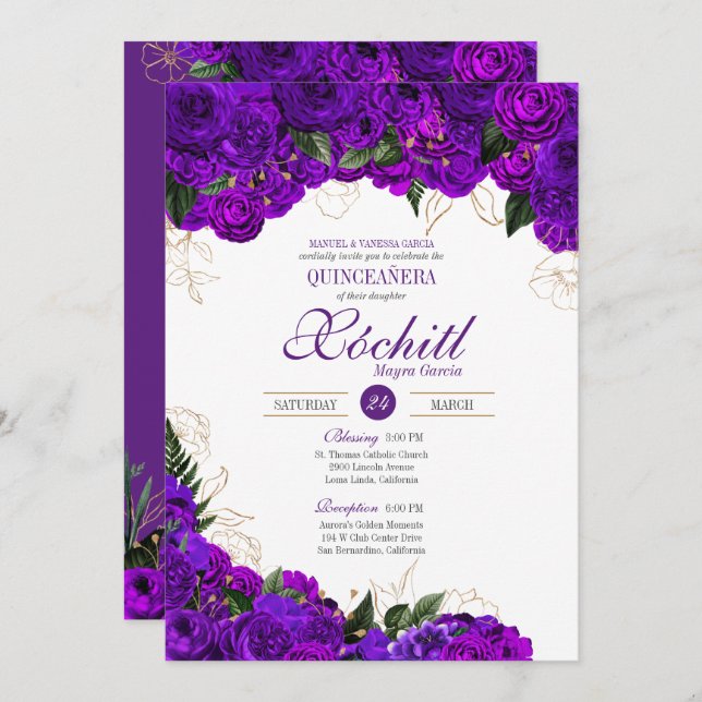 Elegant Quinceanera Royal Purple Gold Rose Floral Invitation (Front/Back)