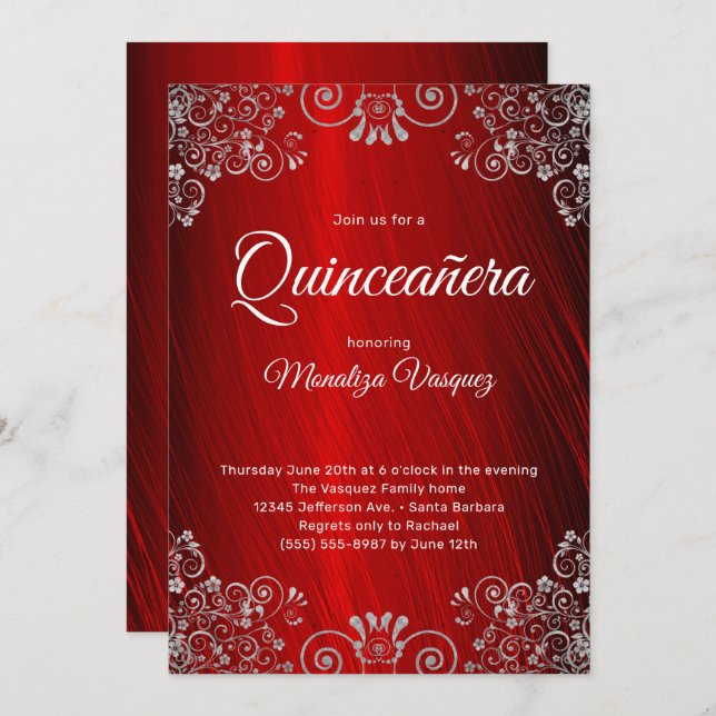 Elegant Quinceañera Ruby Red 15th Birthday Invitation (Front/Back)