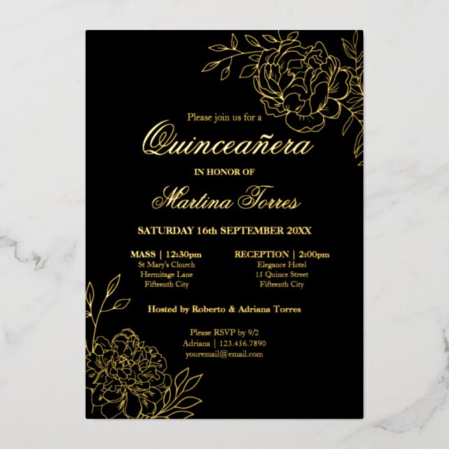 Elegant Quinceanera Sketch Floral Black and Gold (Front)