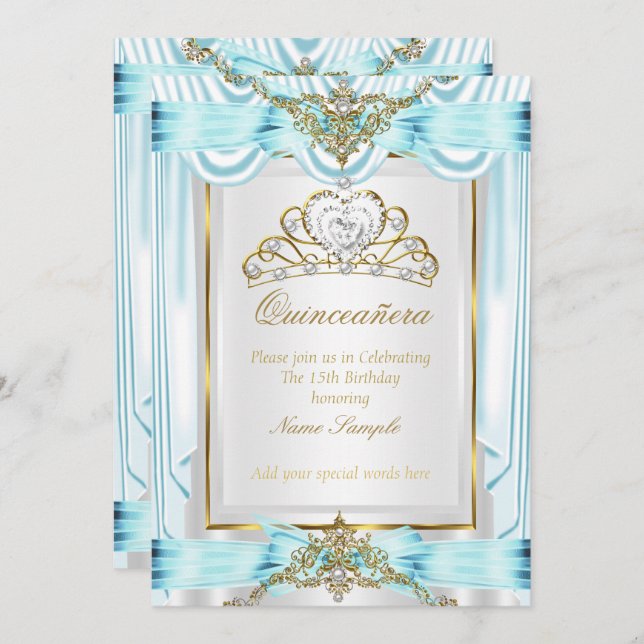 Elegant Quinceanera Teal Blue Gold Silver White Invitation (Front/Back)