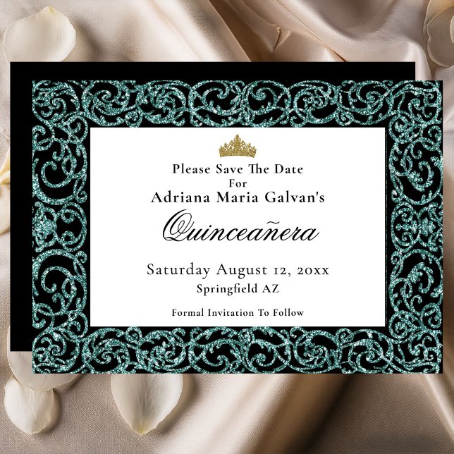 Elegant Quinceanera Teal Scrollwork Save The Date (Creator Uploaded)