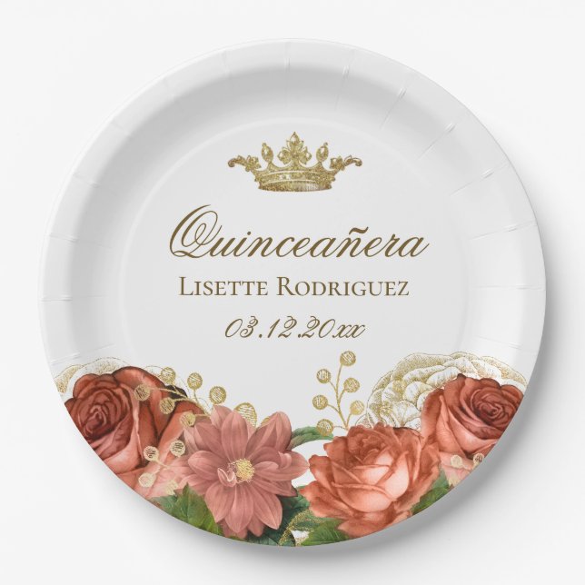 Elegant Quinceanera Tiara Floral Paper Plate (Front)