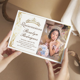 Elegant Quinceanera White Gold   Photo Invitation
