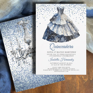 Elegant Quineanera Blue Glitter Blue Gown Party Invitation