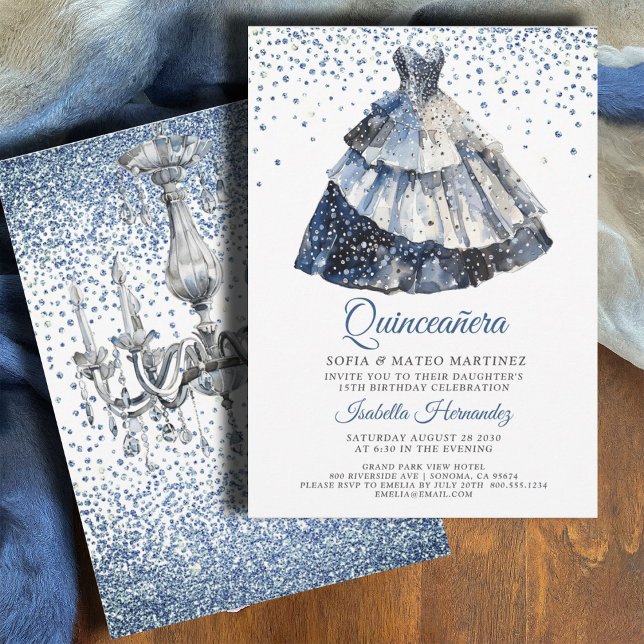 Elegant Quineanera Blue Glitter Blue Gown Party Invitation (Creator Uploaded)