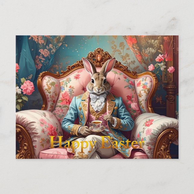 Elegant rabbit Drinking Tea Happy Easter Holiday Postcard (Front)