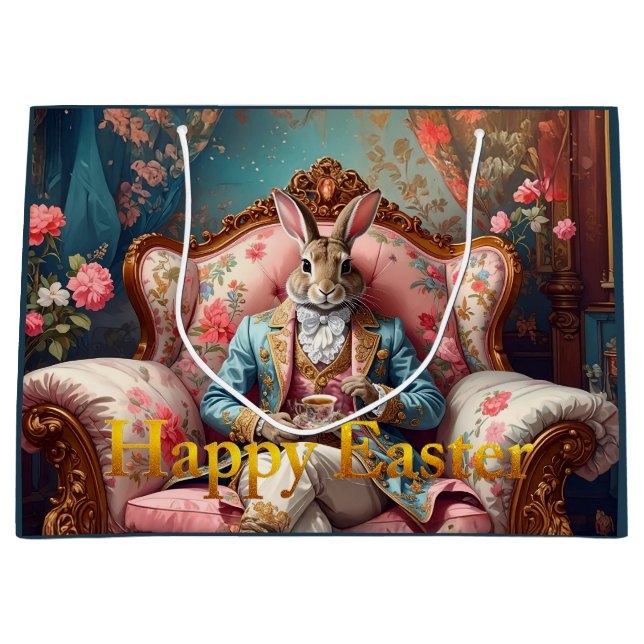 Elegant rabbit Drinking Tea Happy Easter Large Gift Bag (Front)