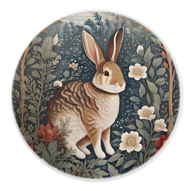 Elegant Rabbit Framed By Flowers and Leaves Ceramic Knob (Front)