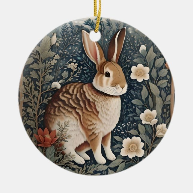 Elegant Rabbit Framed By Flowers and Leaves Ceramic Ornament (Front)
