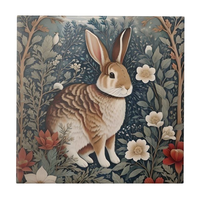 Elegant Rabbit Framed By Flowers and Leaves Ceramic Tile (Front)
