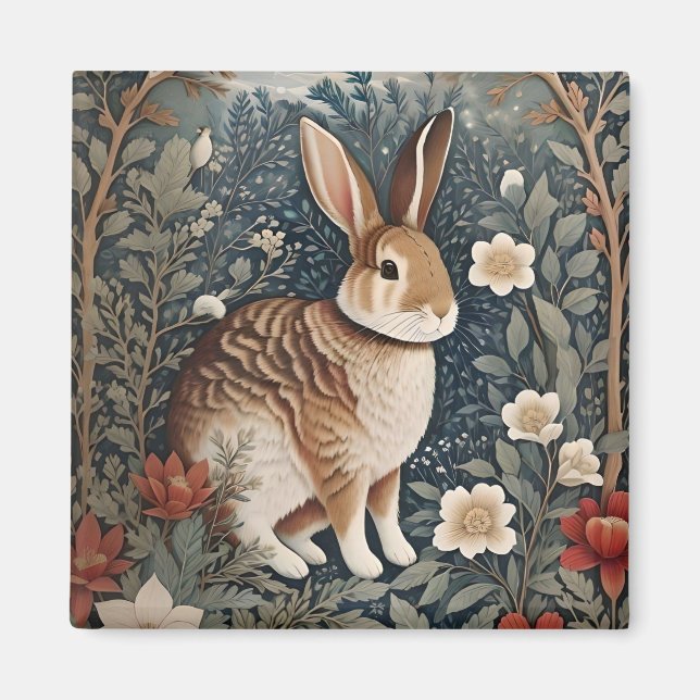 Elegant Rabbit Framed By Flowers and Leaves Magnet (Front)