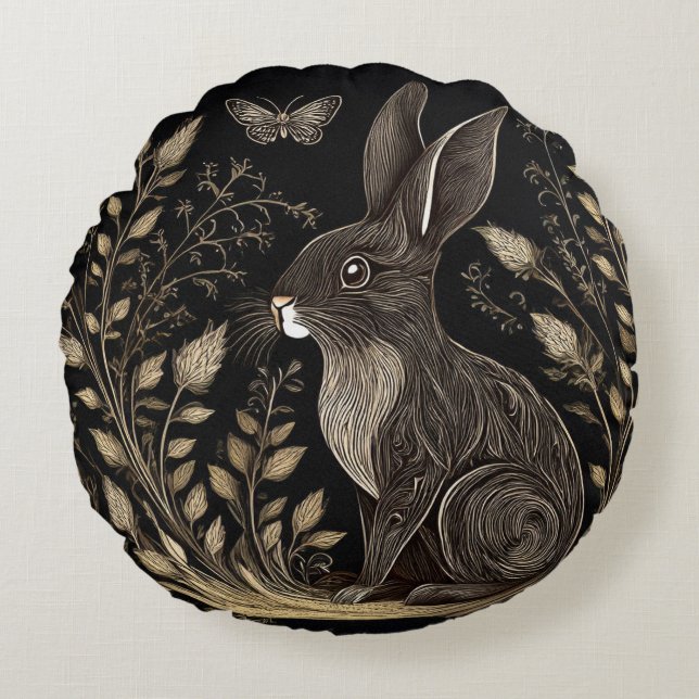 Elegant Rabbit in Black and Beige Round Cushion (Front)