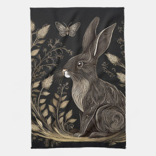 Elegant Rabbit in Black and Beige Tea Towel