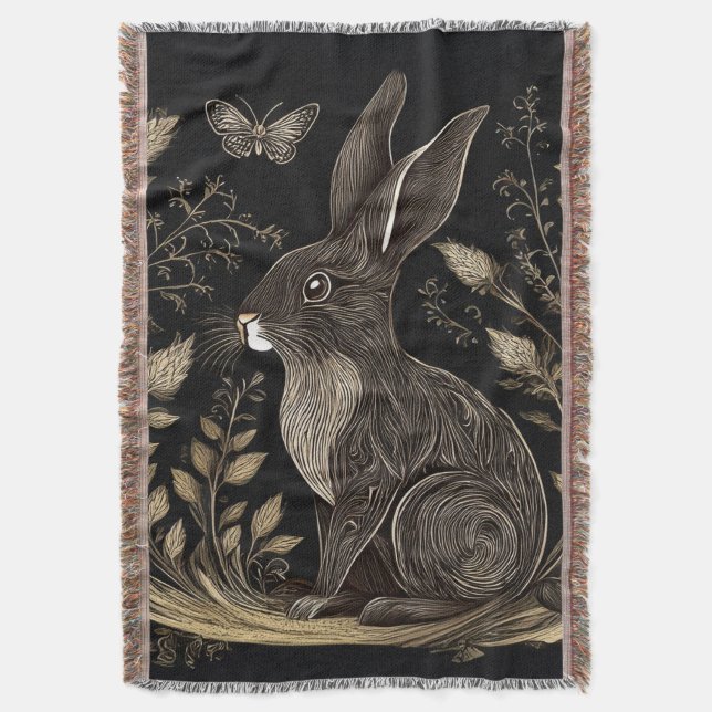 Elegant Rabbit in Black and Beige Throw Blanket (Front Vertical)