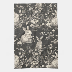 Elegant Rabbit Toile Floral Vintage Pattern (4) Tea Towel