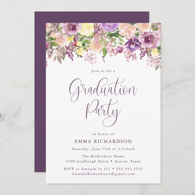 Elegant Radiant Purple Floral Graduation Party Invitation (Front/Back)