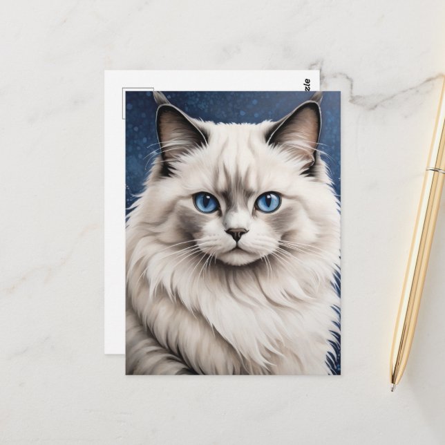 Elegant Ragdoll Cat Portrait Artwork Blue Eyes  Postcard (Front/Back In Situ)