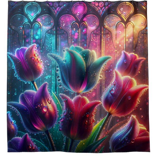 “Elegant Rain-Soaked Tulips in Cathedral Windows" Shower Curtain (Front)
