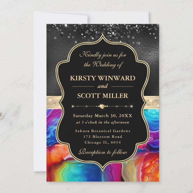 Elegant Rainbow Agate Black Glitter Wedding Invitation (Front)