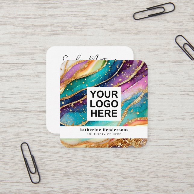 Elegant Rainbow Agate gold Glitter & QR Code Logo Square Business Card (Front/Back In Situ)