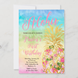 Elegant Rainbow Aloha Pineapple First Birthday Invitation