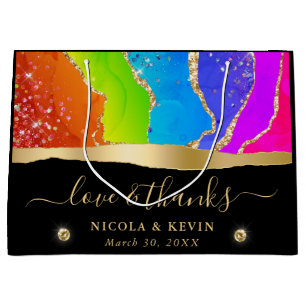 Elegant Rainbow and Gold Glitter Agate Wedding Large Gift Bag