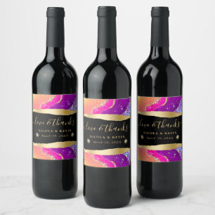 Elegant Rainbow and Gold Glitter Agate Wedding Wine Label